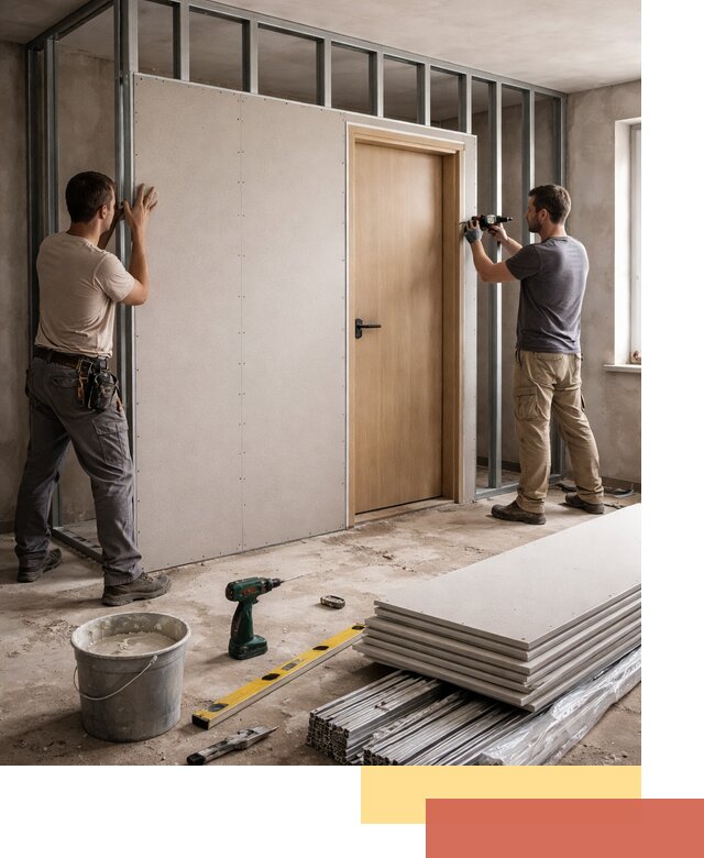 Перегородка из гипсокартона с дверью под ключ в Черняховске