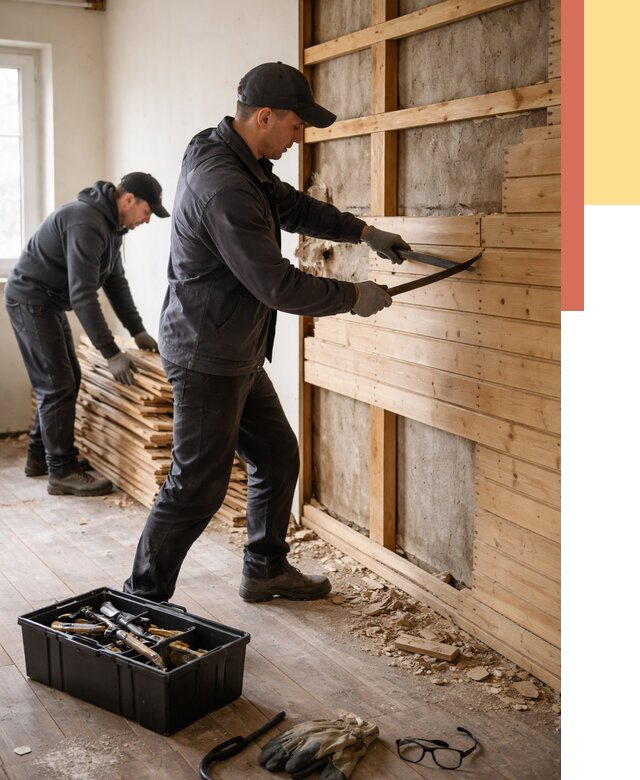 Демонтаж вагонки в Черняховске от 3982 руб/м2 — быстро и недорого | ОТДЕЛОЧНИК-Чрх