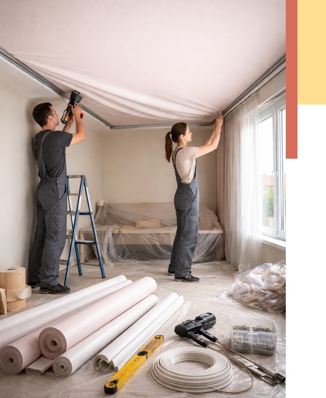 Монтаж цветного натяжного потолка в Черняховске от 4402 руб/м² — быстро и недорого | ОТДЕЛОЧНИК-Чрх