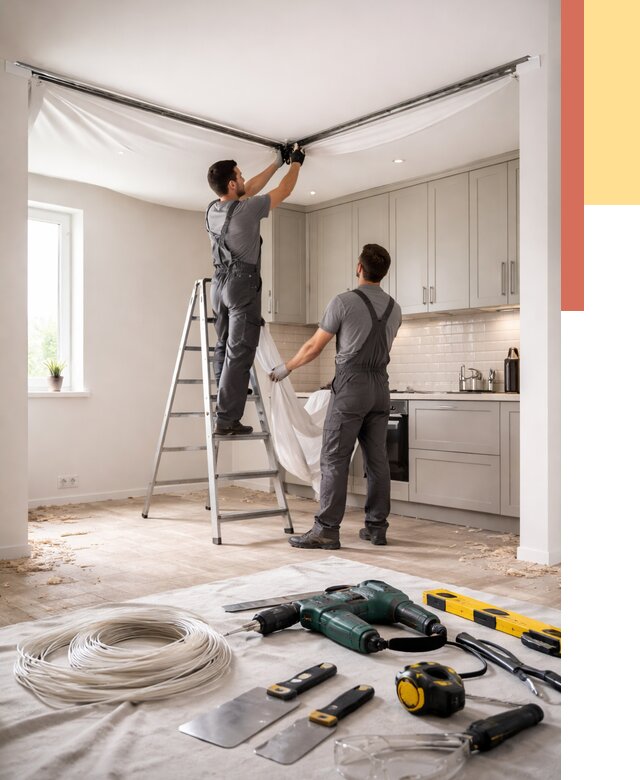 Установка натяжного потолка на кухне в Черняховске от 2515 руб. | ОТДЕЛОЧНИК-Чрх