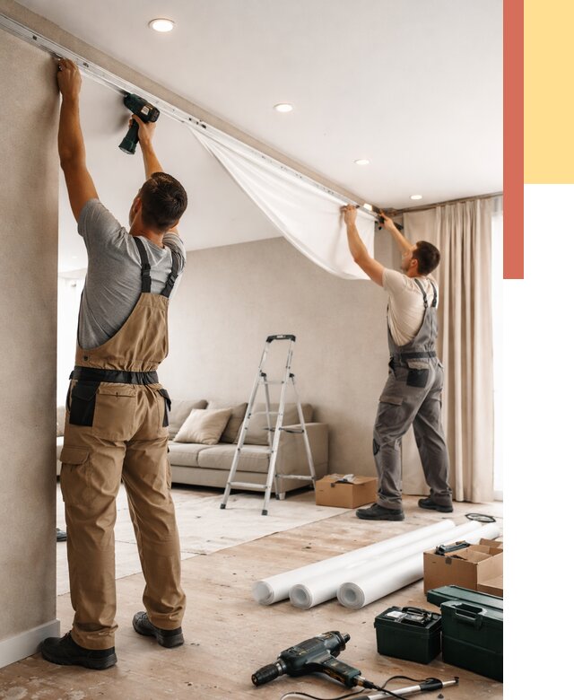 Монтаж натяжного потолка в гостиной в Черняховске от 576 руб. | ОТДЕЛОЧНИК-Чрх