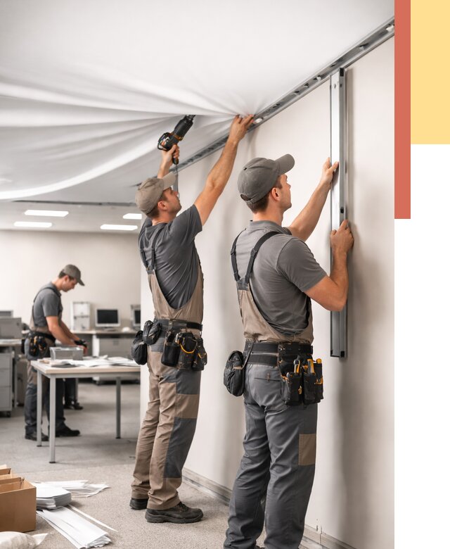 Монтаж натяжного потолка в офисе в Черняховске от 472 руб/м² — быстро и недорого | ОТДЕЛОЧНИК-Чрх