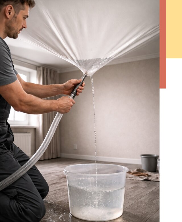 Слив воды с натяжного потолка в Черняховске от 2620 руб. быстро и недорого | ОТДЕЛОЧНИК-Чрх