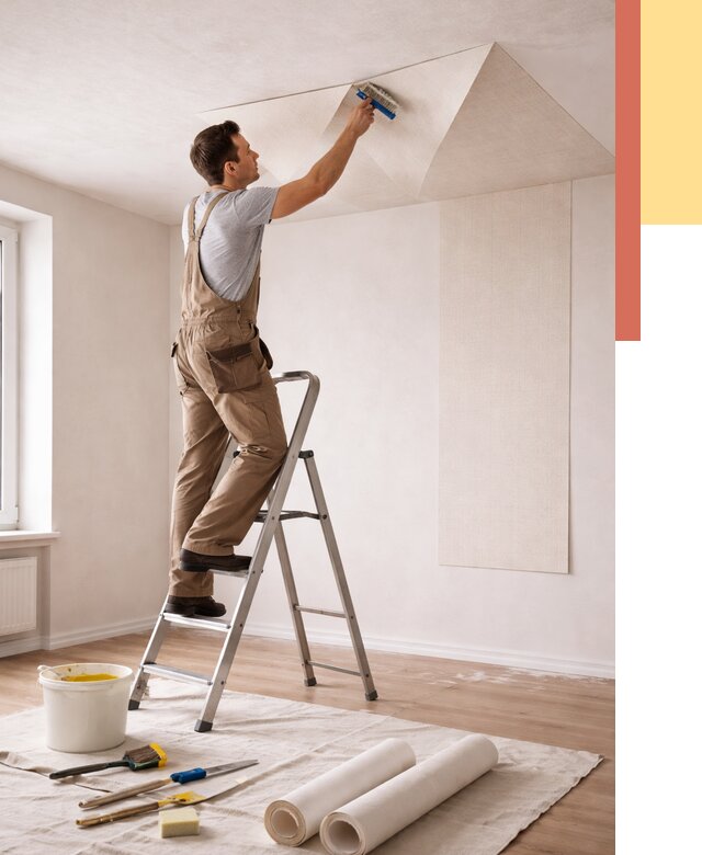 Поклейка обоев на потолок в Черняховске от 4716 руб. быстро и недорого | ОТДЕЛОЧНИК-Чрх